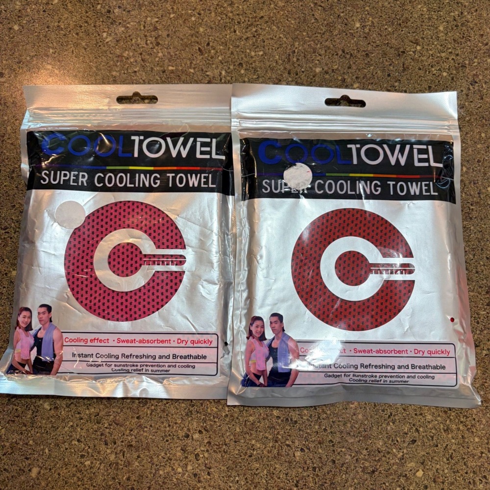 Super Cooling Towel 2 Pack Red Pink Instant Cooling Sweat Absorbent UV 50+ New